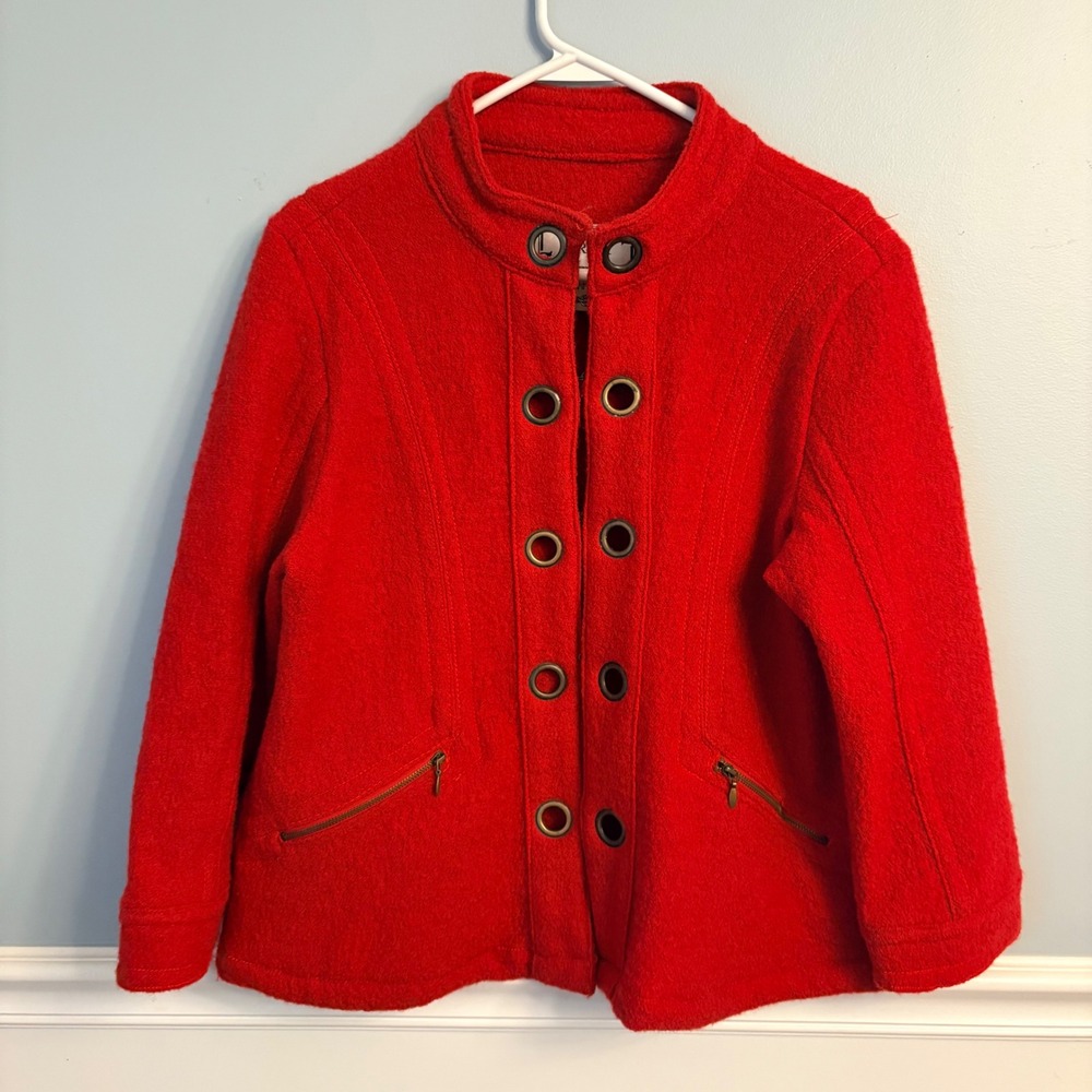 Vintage TRIA Red Wool Military Moto Jacket Coat Blazer Brass Grommet Women Med